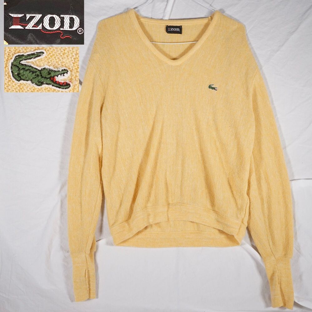 Vintage Izod Lacoste V Neck Sweater Yellow Large Cropped Boxy Fit Vintage